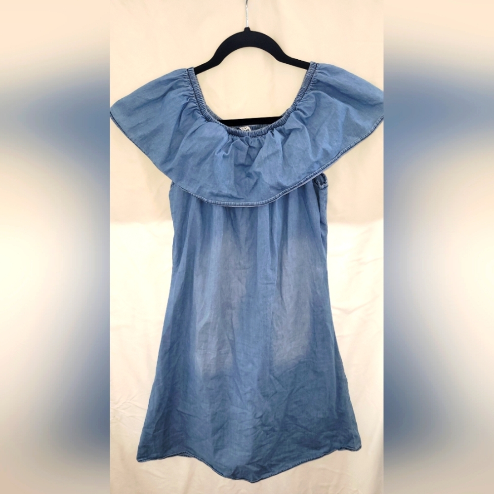 Big Dart Blue Off-Shoulder Mini Sundress with Flutter Sleeves Size 4